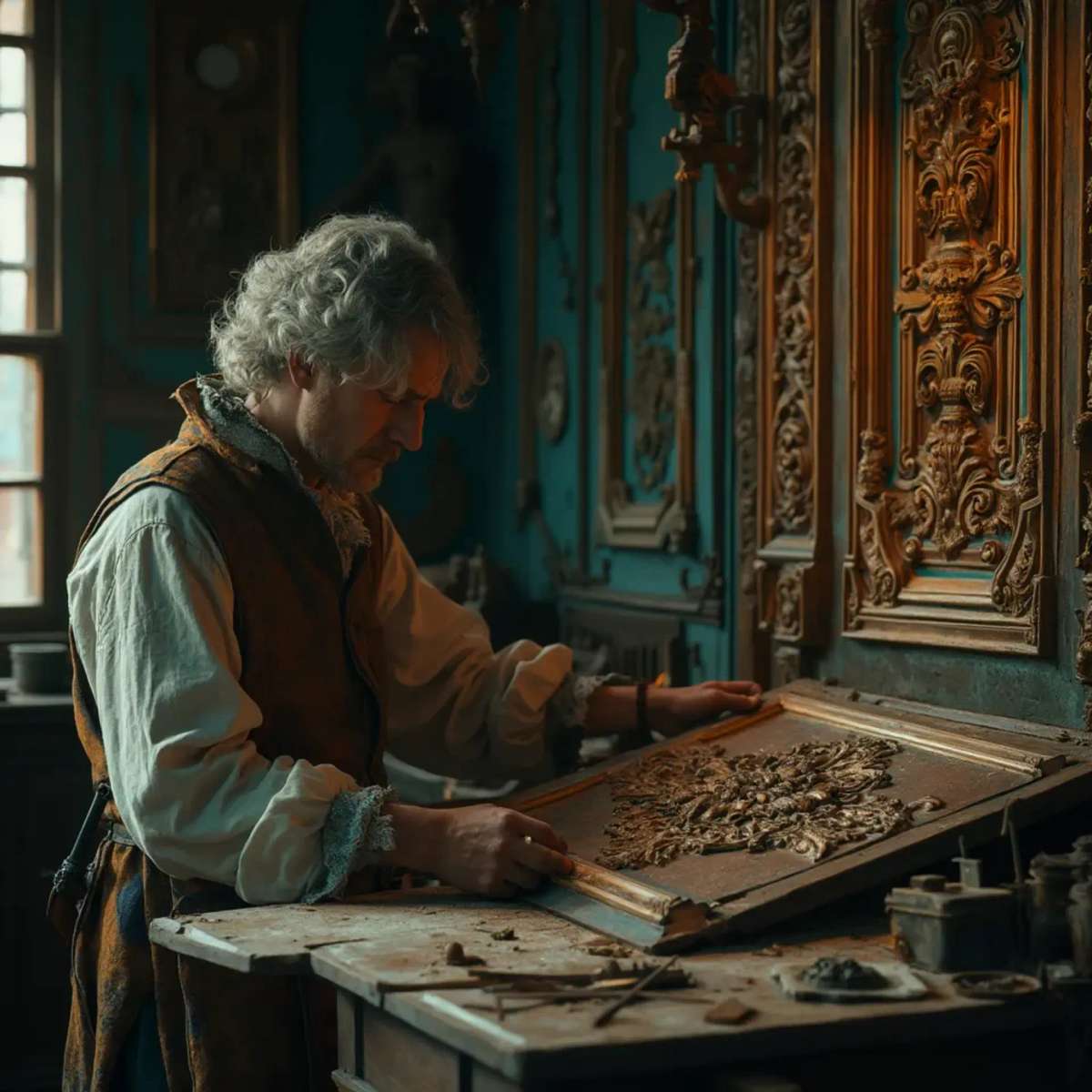 WOODCARVING LESSONS: Woodcarver Grabovetskiy, a man with a beard, holds a sign that says "What wood is the best for carving?" He looks thoughtful. Carving tools are on the table in front of him. - Wood Carving tutorials
