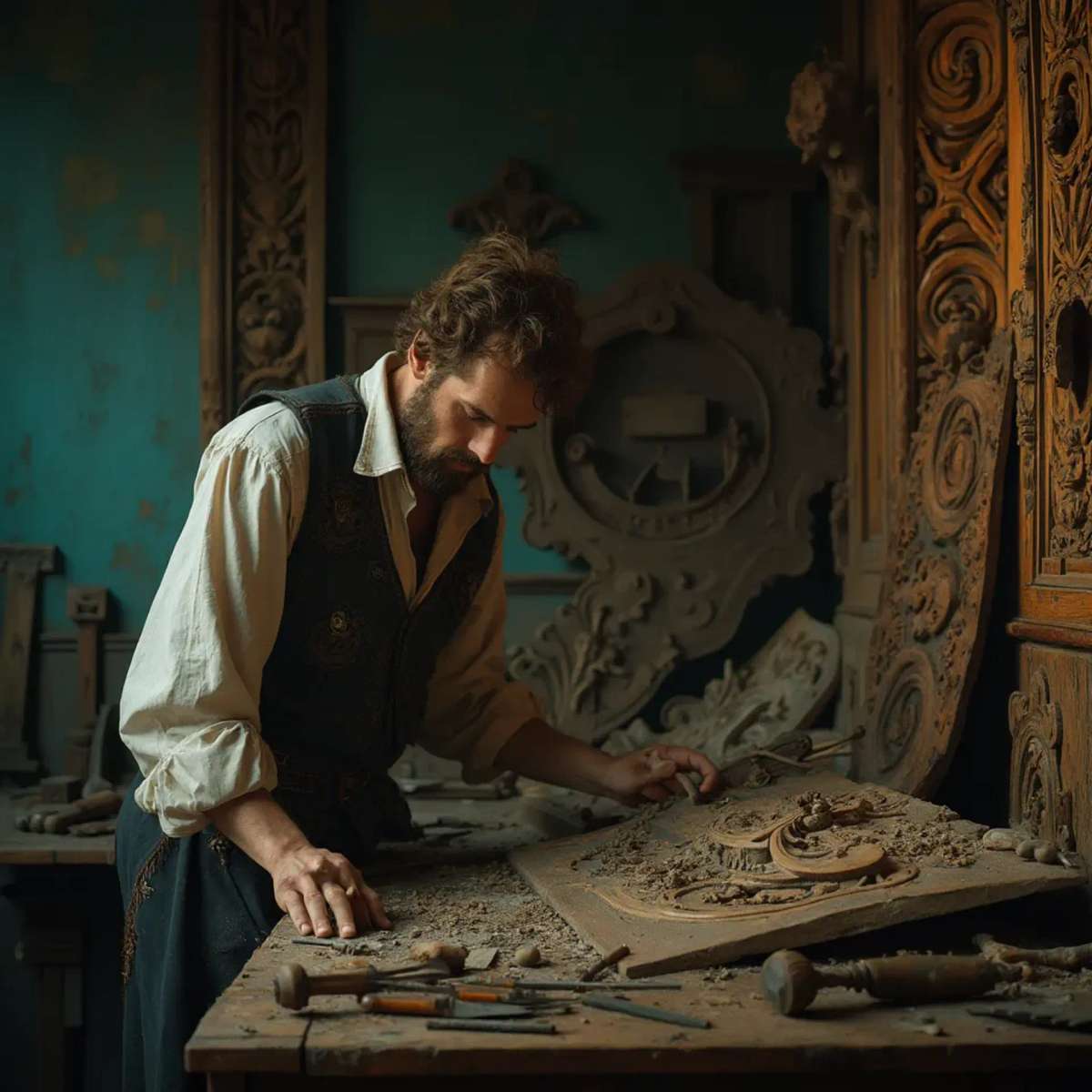 WOODCARVING LESSONS: Woodcarver Grabovetskiy, a man with a beard, holds a sign that says "What wood is the best for carving?" He looks thoughtful. Carving tools are on the table in front of him. - Wood Carving tutorials