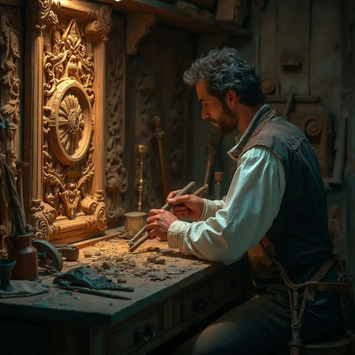 WOODCARVING LESSONS: Woodcarver Grabovetskiy, a man with a beard