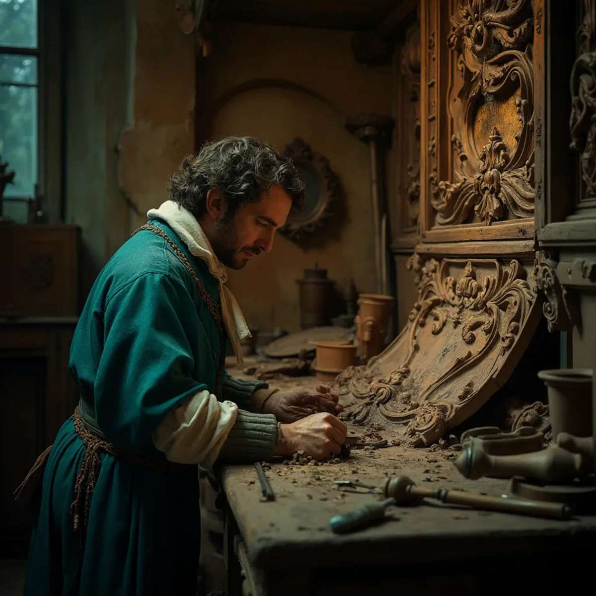 A thoughtful person gazing thoughtfully while touching a beautifully carved wooden column. The intricate carvings depict scenes of historical significance, showcasing the skills involved in wood carving. This image highlights the artistry found in wood carving classes and lessons.