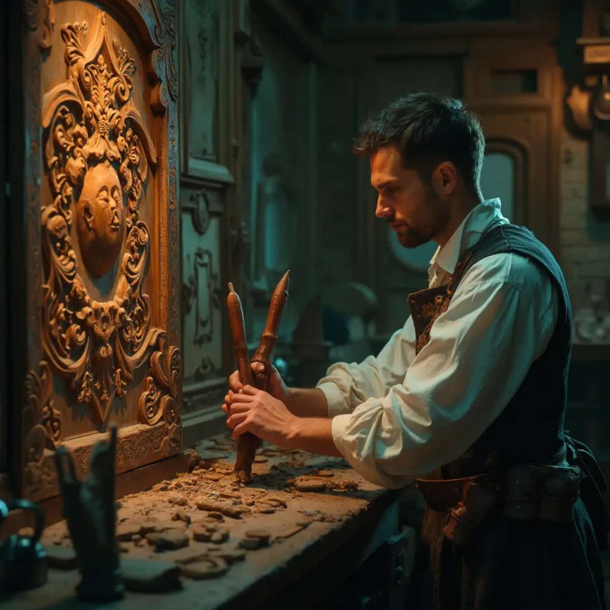 WOODCARVING LESSONS: Woodcarver Grabovetskiy, a man with a beard