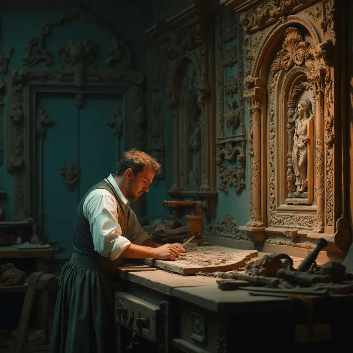 A thoughtful woodworker sitting at a workbench, pondering the best type of wood for carving. He holds a carving tool in one hand, with a sign in front of him that reads, "What wood is the best for carving?" This scene hints at the importance of choosing the right materials in wood carving classes and lessons.