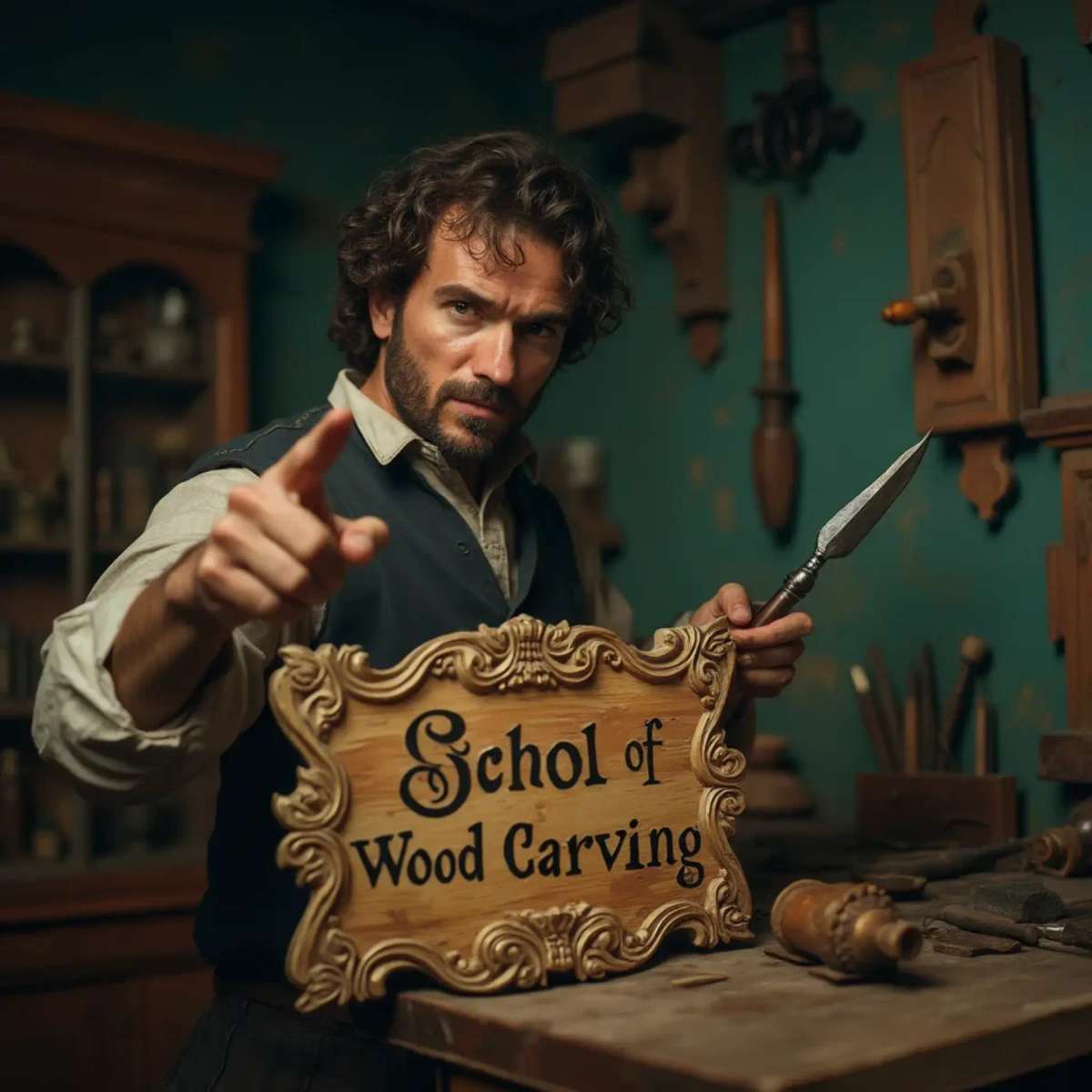 WOODCARVING LESSONS: Woodcarver Grabovetskiy, an elderly man with a gray beard, holds a carving tool and a sign that asks, "What is the best wood for carving? - Wood Carving tutorials