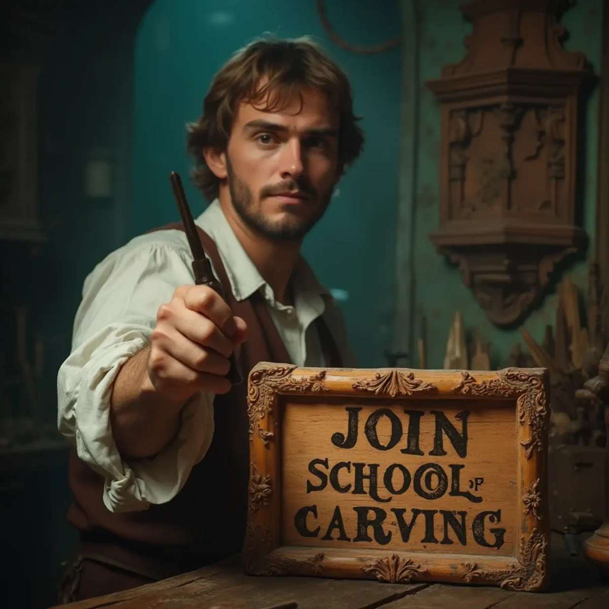 WOODCARVING LESSONS: Woodcarver Grabovetskiy, an elderly man with a gray beard, holds a carving tool and a sign that asks, "What is the best wood for carving? - Wood Carving tutorials