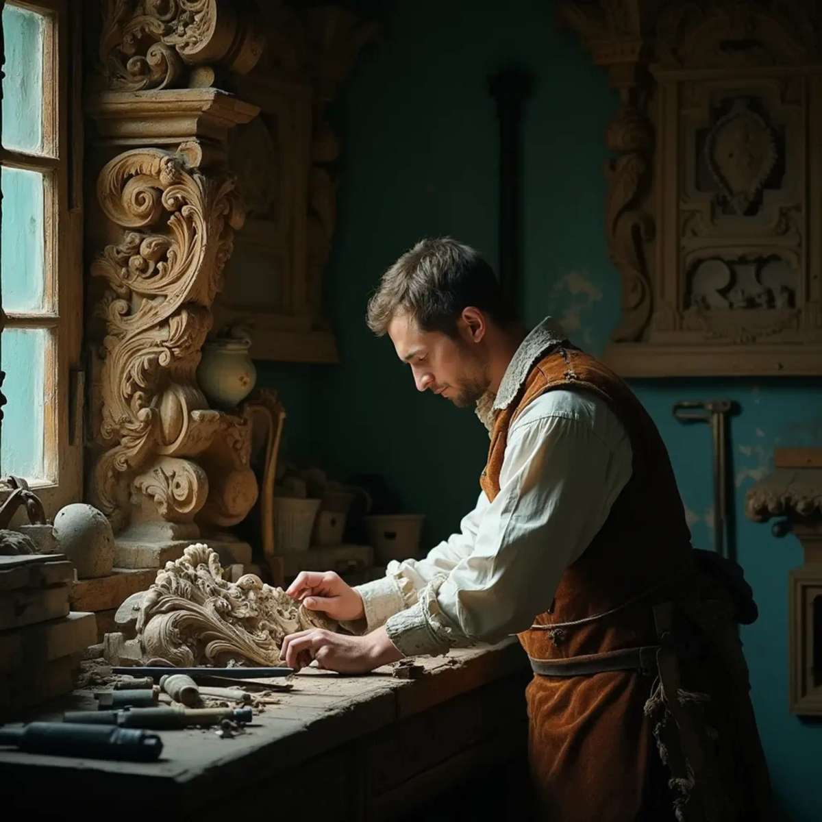 A thoughtful person gazing thoughtfully while touching a beautifully carved wooden column. The intricate carvings depict scenes of historical significance, showcasing the skills involved in wood carving. This image highlights the artistry found in wood carving classes and lessons.