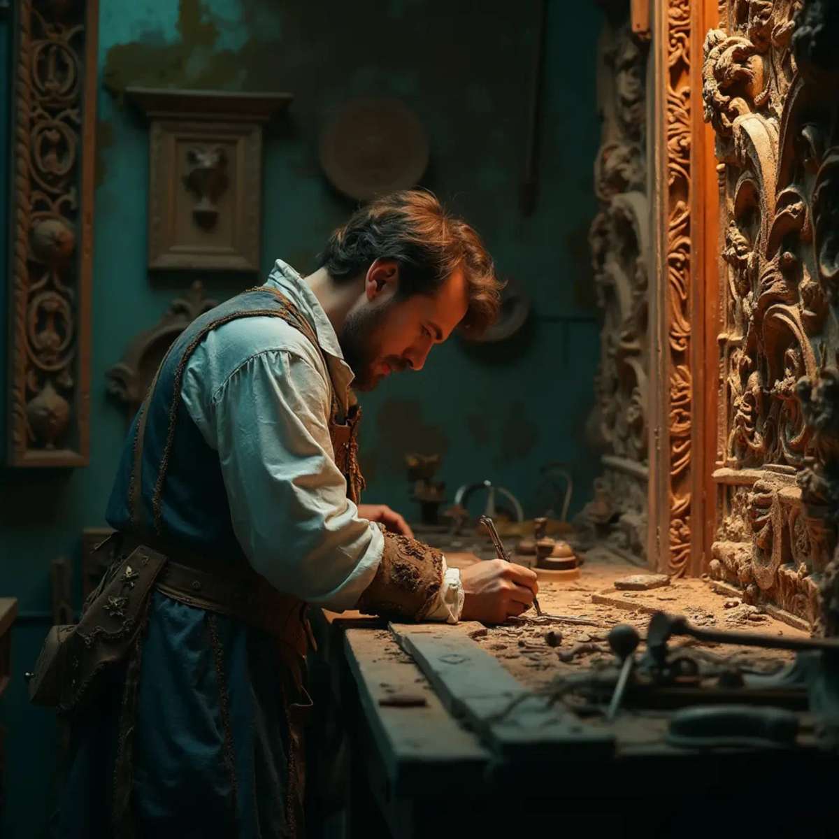 WOODCARVING LESSONS: Woodcarver Grabovetskiy, a man with a beard, holds a sign that says "What wood is the best for carving?" He looks thoughtful. Carving tools are on the table in front of him. - Wood Carving tutorials