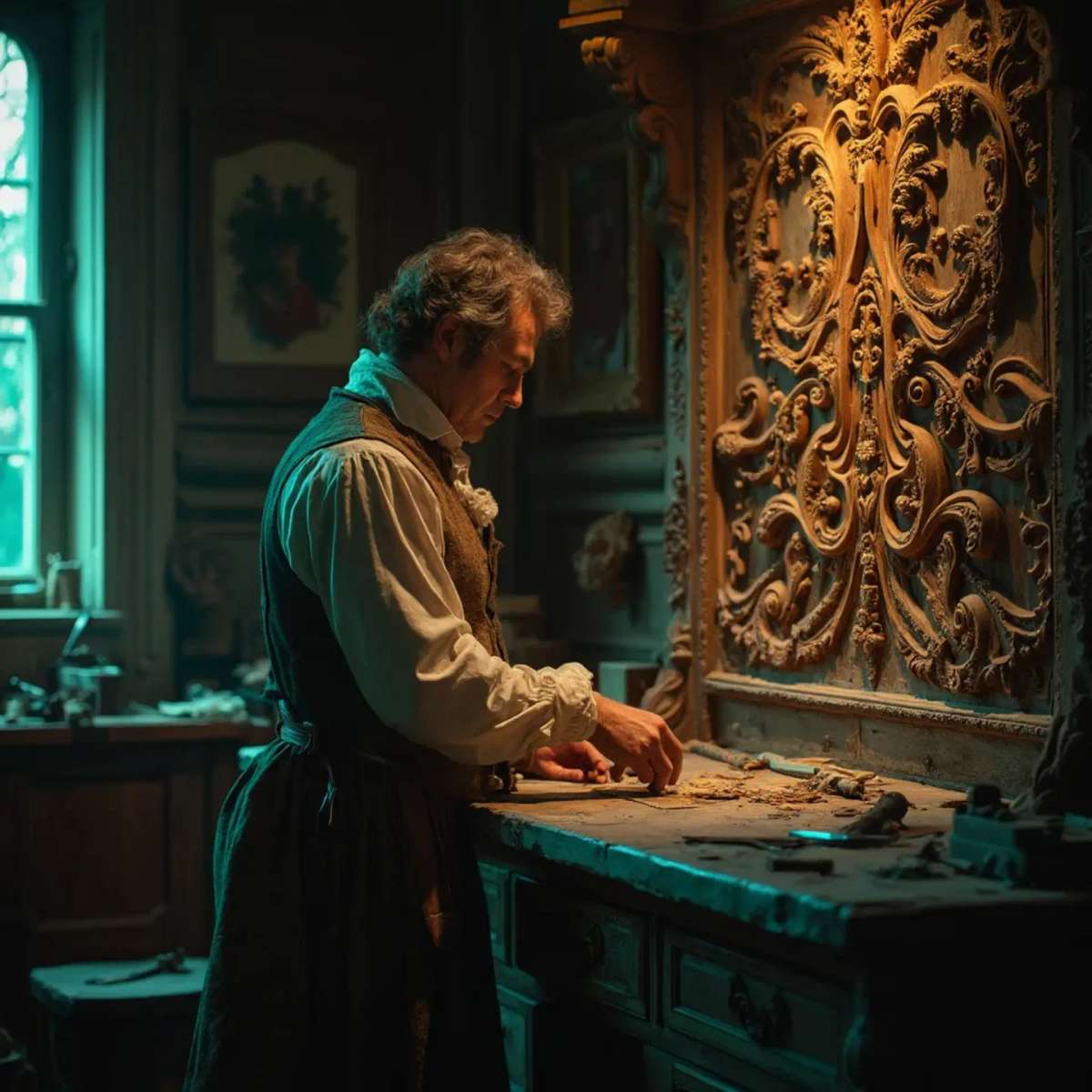 WOODCARVING LESSONS: Woodcarver Grabovetskiy, a man with a beard, holds a sign that says "What wood is the best for carving?" He looks thoughtful. Carving tools are on the table in front of him. - Wood Carving tutorials
