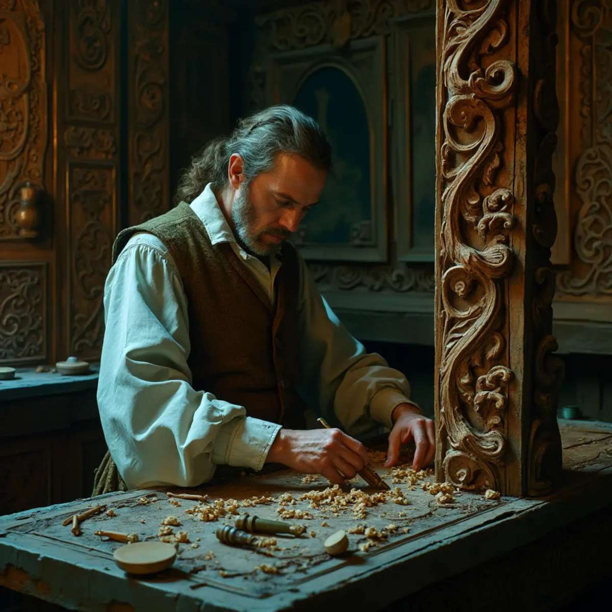 WOODCARVING LESSONS: Woodcarver Grabovetskiy, a man with a beard, holds a sign that says "What wood is the best for carving?" He looks thoughtful. Carving tools are on the table in front of him. - Wood Carving tutorials