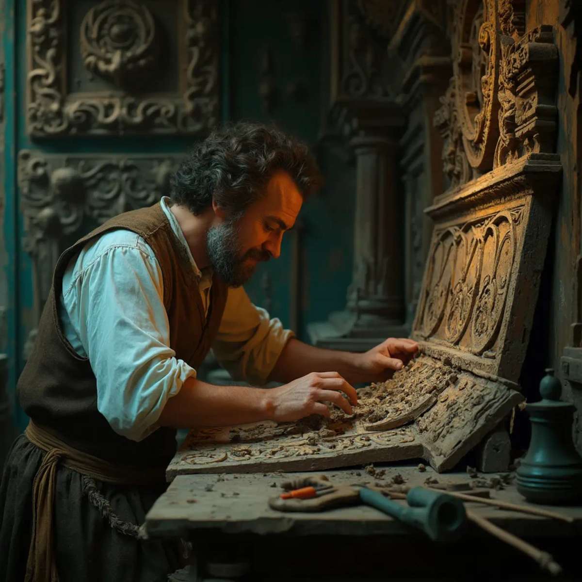 A thoughtful person gazing thoughtfully while touching a beautifully carved wooden column. The intricate carvings depict scenes of historical significance, showcasing the skills involved in wood carving. This image highlights the artistry found in wood carving classes and lessons.
