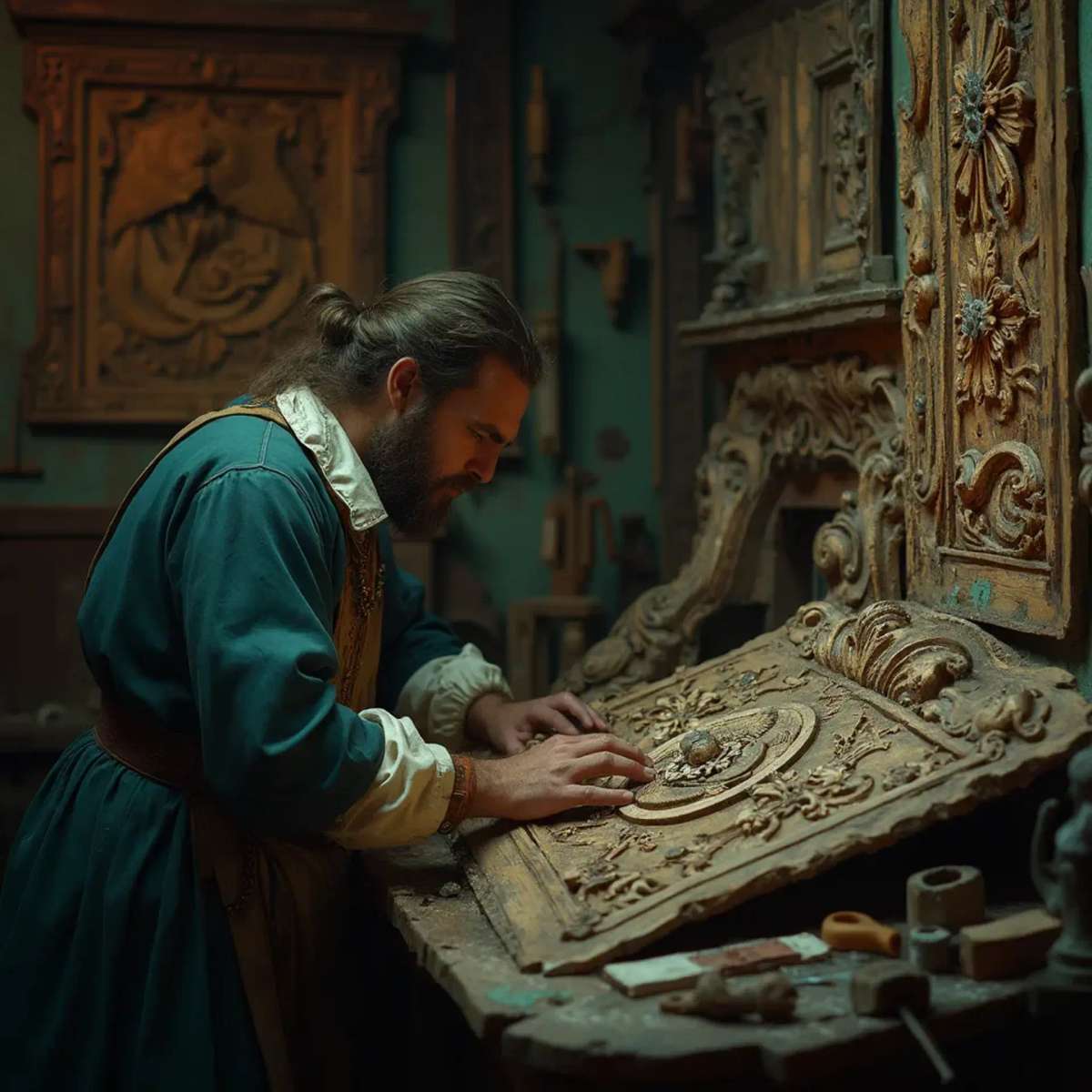WOODCARVING LESSONS: Woodcarver Grabovetskiy, a man with a beard, holds a sign that says "What wood is the best for carving?" He looks thoughtful. Carving tools are on the table in front of him. - Wood Carving tutorials