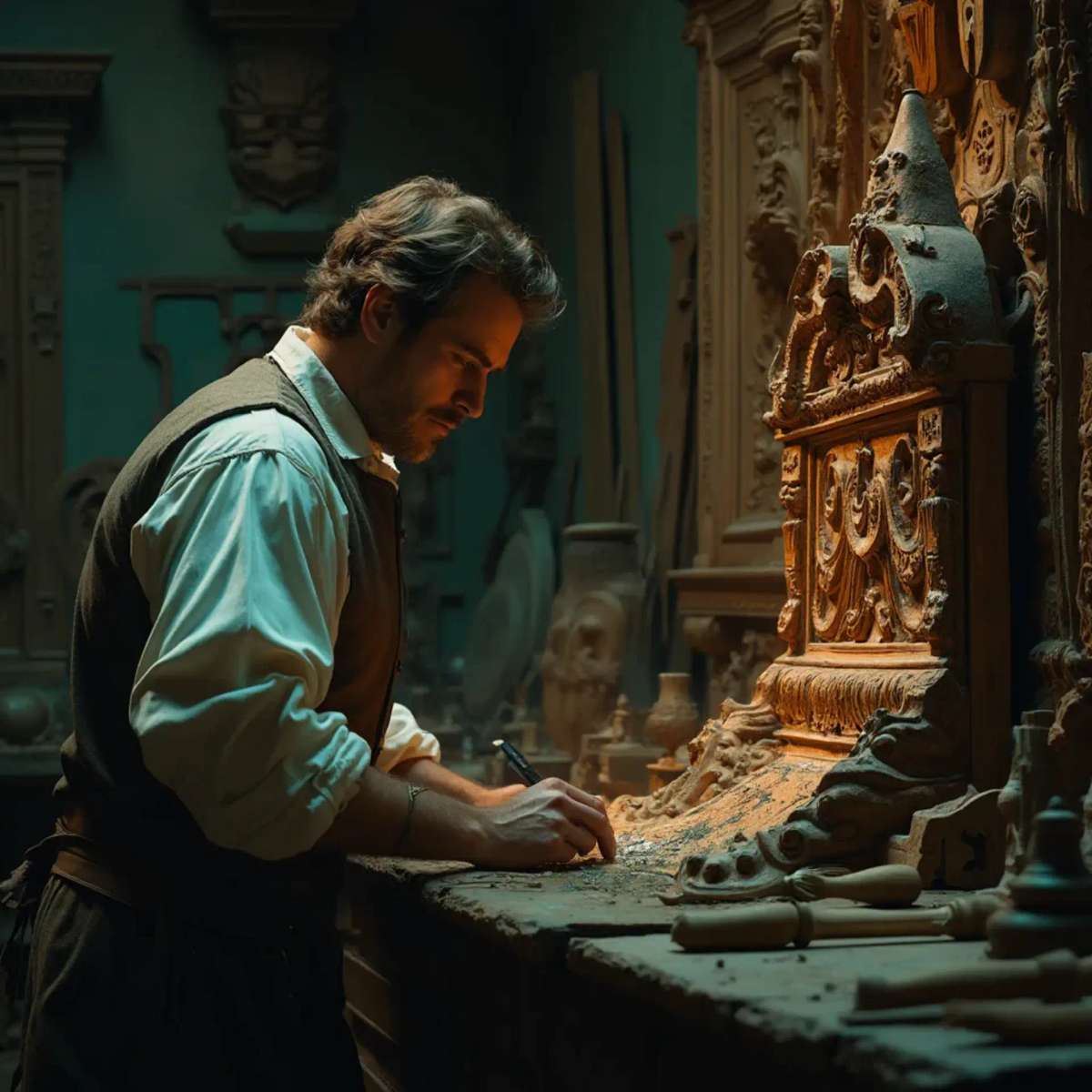 WOODCARVING LESSONS: Woodcarver Grabovetskiy, a man with a beard, holds a sign that says "What wood is the best for carving?" He looks thoughtful. Carving tools are on the table in front of him. - Wood Carving tutorials