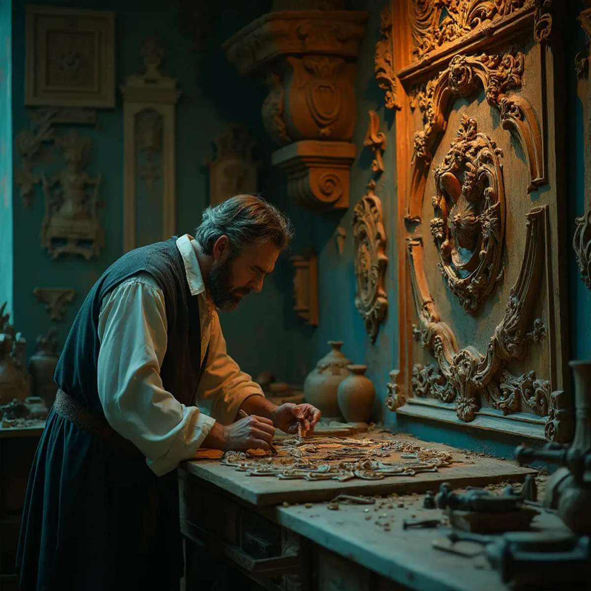 WOODCARVING LESSONS: Woodcarver Grabovetskiy, a man with a beard, holds a sign that says "What wood is the best for carving?" He looks thoughtful. Carving tools are on the table in front of him. - Wood Carving tutorials