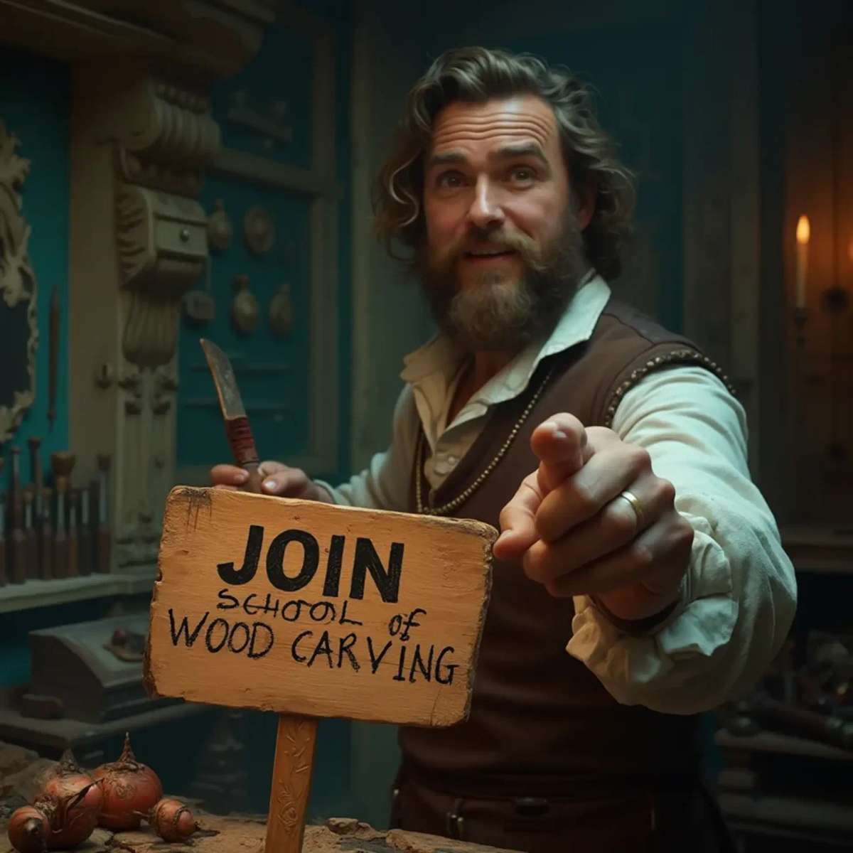 WOODCARVING LESSONS: Woodcarver Grabovetskiy, an elderly man with a gray beard, holds a carving tool and a sign that asks, "What is the best wood for carving? - Wood Carving tutorials