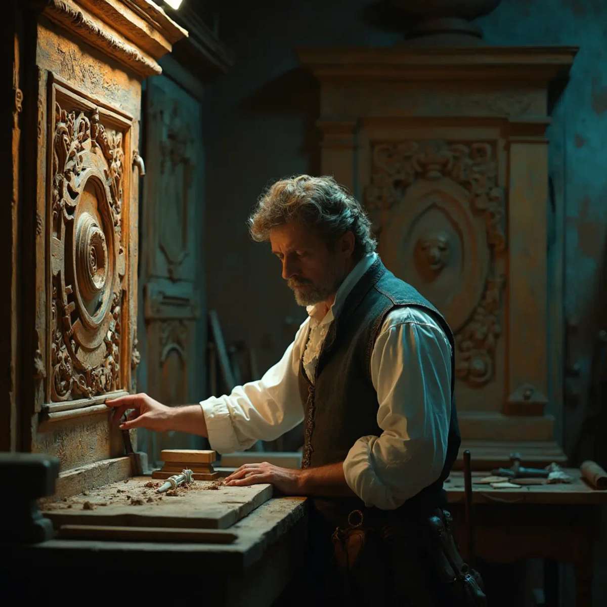 WOODCARVING LESSONS: Woodcarver Grabovetskiy, a man with a beard, holds a sign that says "What wood is the best for carving?" He looks thoughtful. Carving tools are on the table in front of him. - Wood Carving tutorials