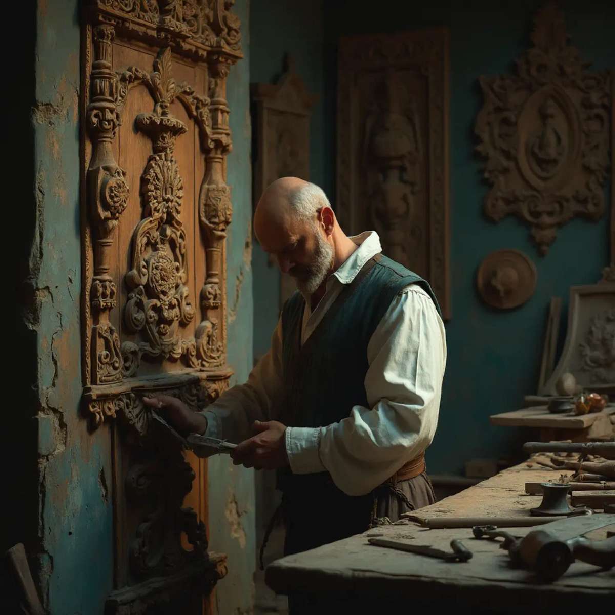 WOODCARVING LESSONS: Woodcarver Grabovetskiy, a man with a beard, holds a sign that says "What wood is the best for carving?" He looks thoughtful. Carving tools are on the table in front of him. - Wood Carving tutorials