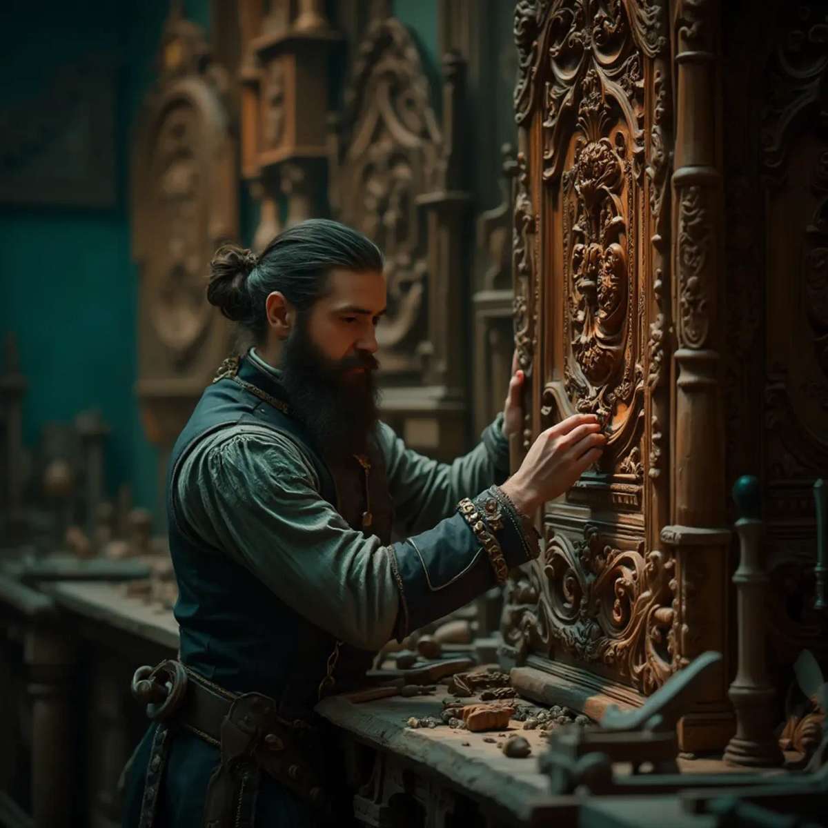 Alt text: A focused man with a beard sits at a workbench, pondering the question, "What wood is the best for carving?" surrounded by woodworking tools, emphasizing the topic of wood carving classes and lessons.