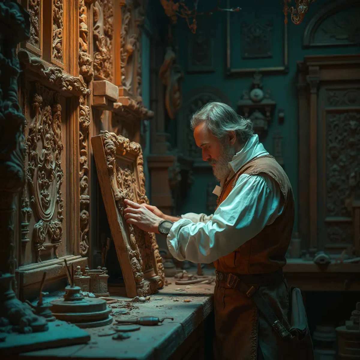 WOODCARVING LESSONS: Woodcarver Grabovetskiy, a man with a beard, holds a sign that says "What wood is the best for carving?" He looks thoughtful. Carving tools are on the table in front of him. - Wood Carving tutorials