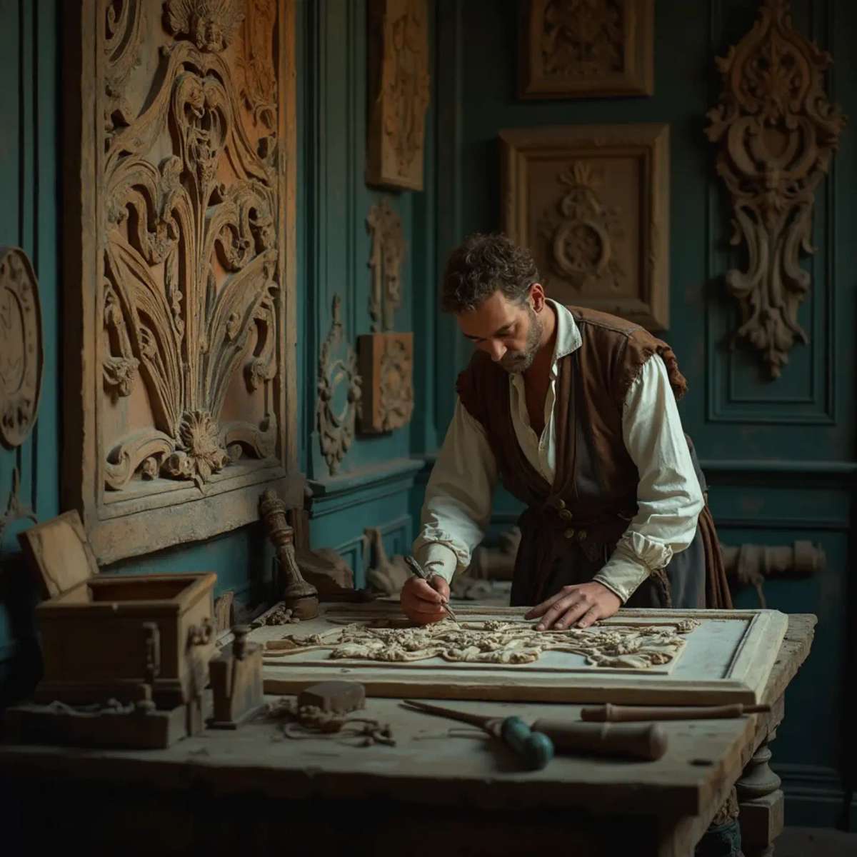 A thoughtful woodworker sitting at a workbench, pondering the best type of wood for carving. He holds a carving tool in one hand, with a sign in front of him that reads, "What wood is the best for carving?" This scene hints at the importance of choosing the right materials in wood carving classes and lessons.