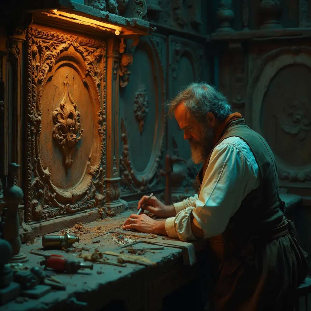 Alt text: A focused man with a beard sits at a workbench, pondering the question, "What wood is the best for carving?" surrounded by woodworking tools, emphasizing the topic of wood carving classes and lessons.