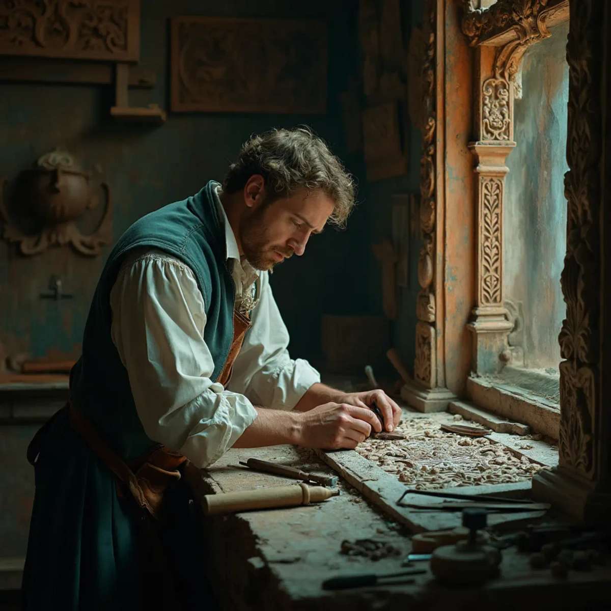 WOODCARVING LESSONS: Woodcarver Grabovetskiy, a man with a beard, holds a sign that says "What wood is the best for carving?" He looks thoughtful. Carving tools are on the table in front of him. - Wood Carving tutorials