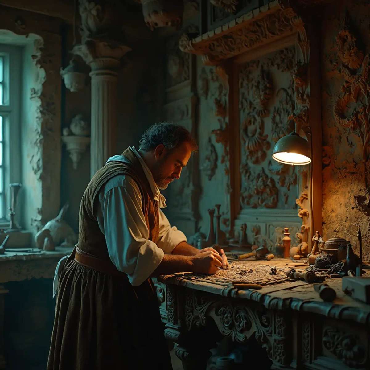 WOODCARVING LESSONS: Woodcarver Grabovetskiy, a man with a beard, holds a sign that says "What wood is the best for carving?" He looks thoughtful. Carving tools are on the table in front of him. - Wood Carving tutorials