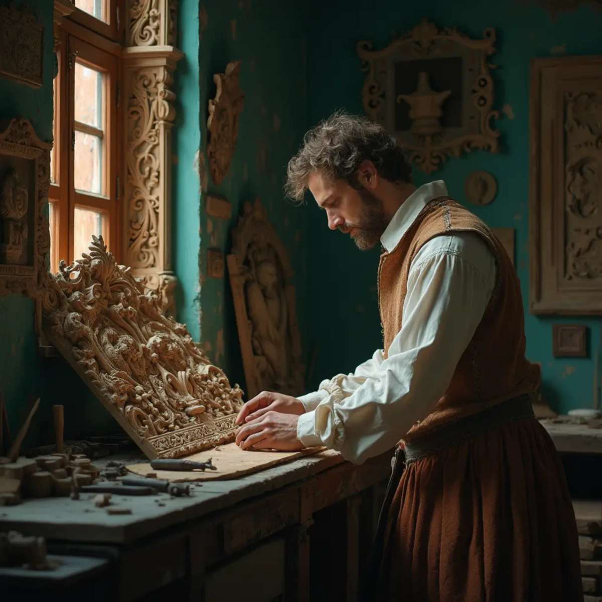 A thoughtful person gazing thoughtfully while touching a beautifully carved wooden column. The intricate carvings depict scenes of historical significance, showcasing the skills involved in wood carving. This image highlights the artistry found in wood carving classes and lessons.