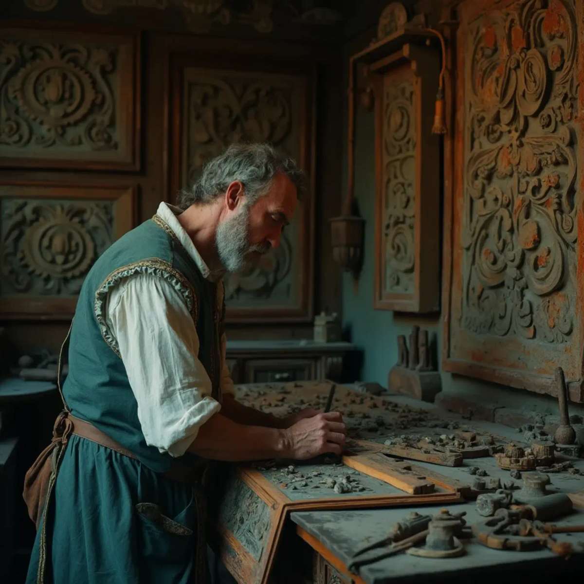 WOODCARVING LESSONS: Woodcarver Grabovetskiy, a man with a beard, holds a sign that says "What wood is the best for carving?" He looks thoughtful. Carving tools are on the table in front of him. - Wood Carving tutorials