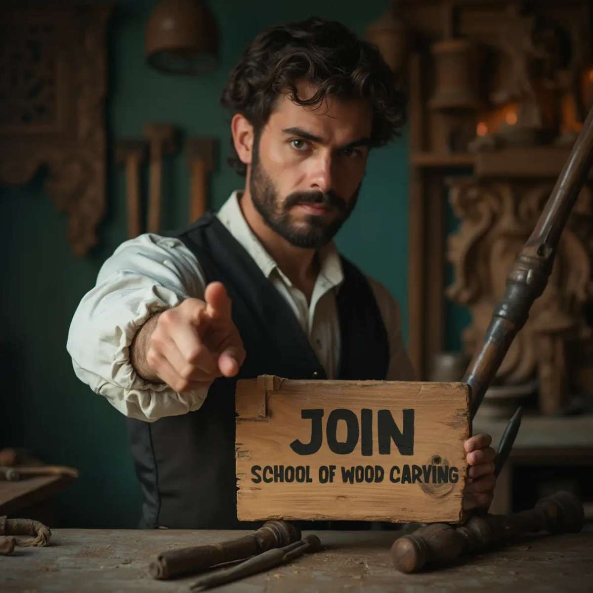 WOODCARVING LESSONS: Woodcarver Grabovetskiy, an elderly man with a gray beard, holds a carving tool and a sign that asks, "What is the best wood for carving? - Wood Carving tutorials