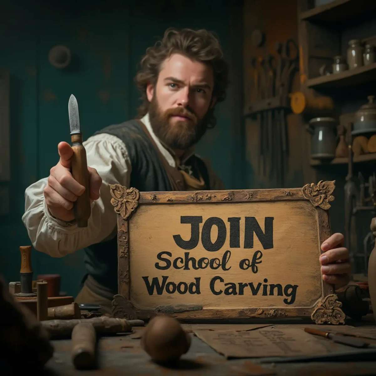 WOODCARVING LESSONS: Woodcarver Grabovetskiy, an elderly man with a gray beard, holds a carving tool and a sign that asks, "What is the best wood for carving? - Wood Carving tutorials