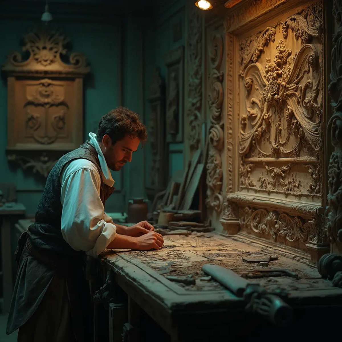 WOODCARVING LESSONS: Woodcarver Grabovetskiy, a man with a beard, holds a sign that says "What wood is the best for carving?" He looks thoughtful. Carving tools are on the table in front of him. - Wood Carving tutorials