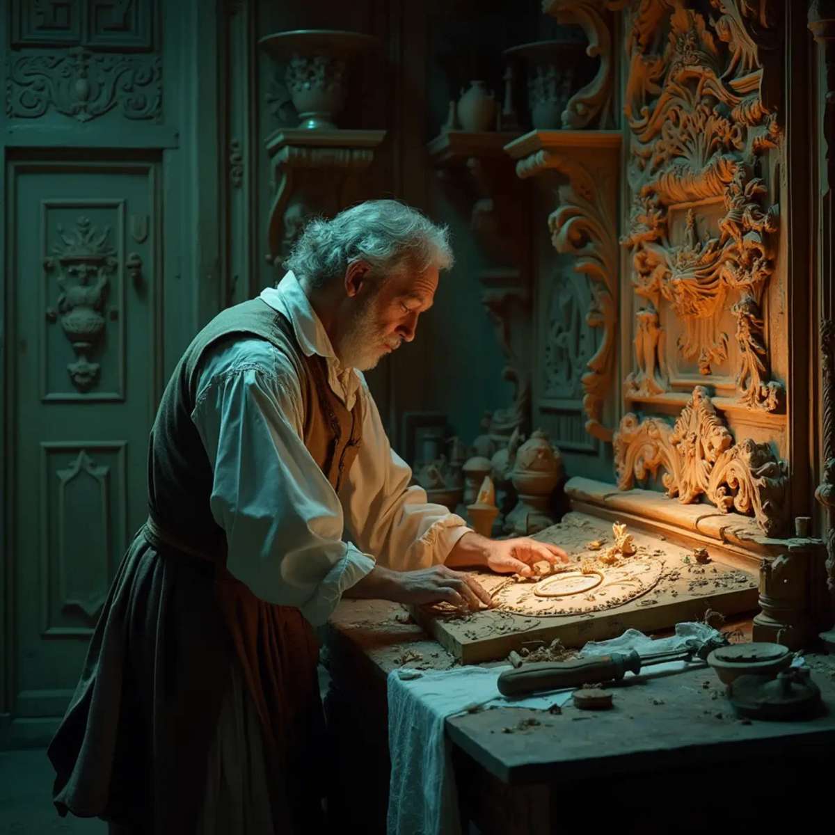 WOODCARVING LESSONS: Woodcarver Grabovetskiy, a man with a beard, holds a sign that says "What wood is the best for carving?" He looks thoughtful. Carving tools are on the table in front of him. - Wood Carving tutorials