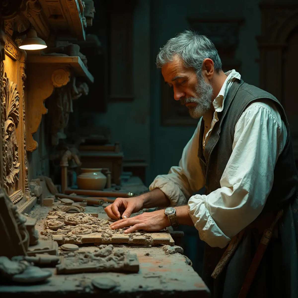 A thoughtful woodworker sitting at a workbench, pondering the best type of wood for carving. He holds a carving tool in one hand, with a sign in front of him that reads, "What wood is the best for carving?" This scene hints at the importance of choosing the right materials in wood carving classes and lessons.