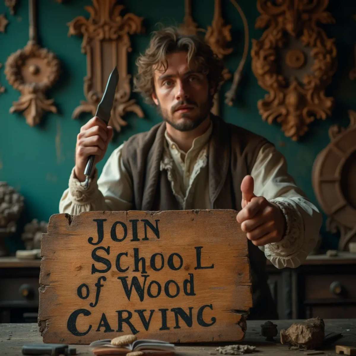 WOODCARVING LESSONS: Woodcarver Grabovetskiy, an elderly man with a gray beard, holds a carving tool and a sign that asks, "What is the best wood for carving? - Wood Carving tutorials