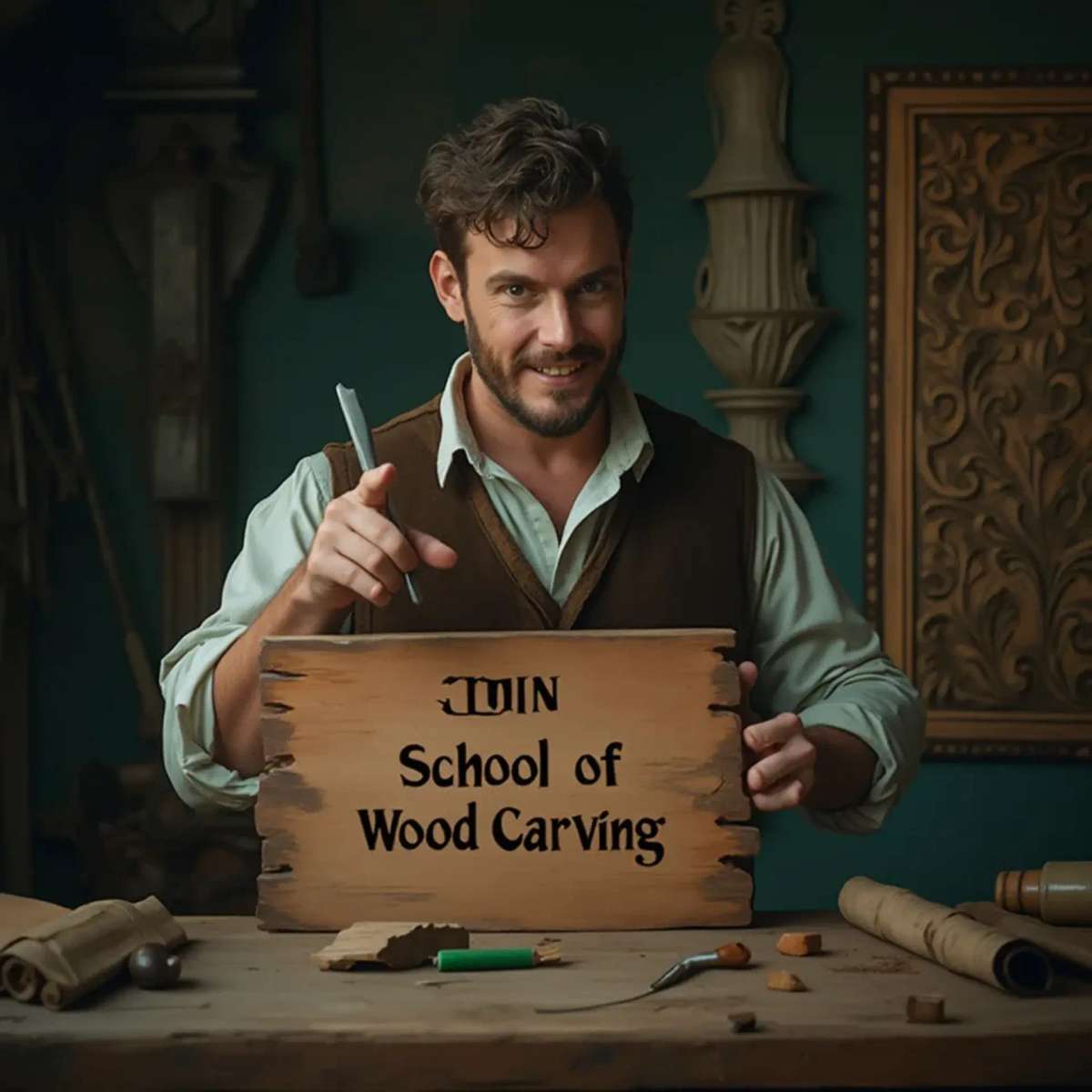 WOODCARVING LESSONS: Woodcarver Grabovetskiy, an elderly man with a gray beard, holds a carving tool and a sign that asks, "What is the best wood for carving? - Wood Carving tutorials