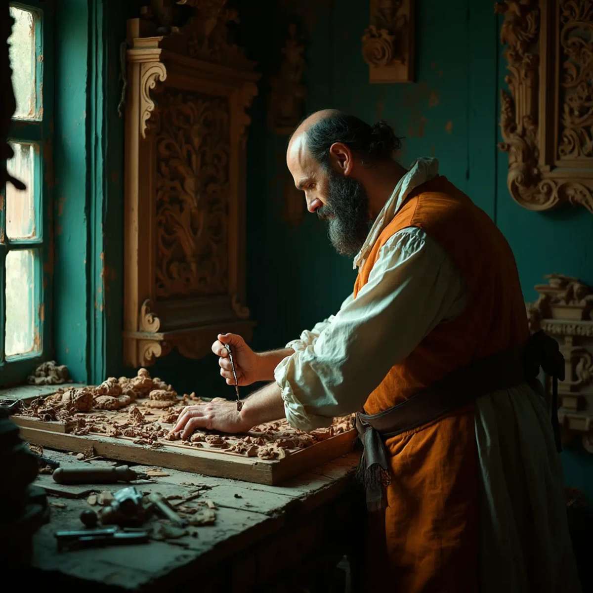 WOODCARVING LESSONS: Woodcarver Grabovetskiy, a man with a beard, holds a sign that says "What wood is the best for carving?" He looks thoughtful. Carving tools are on the table in front of him. - Wood Carving tutorials