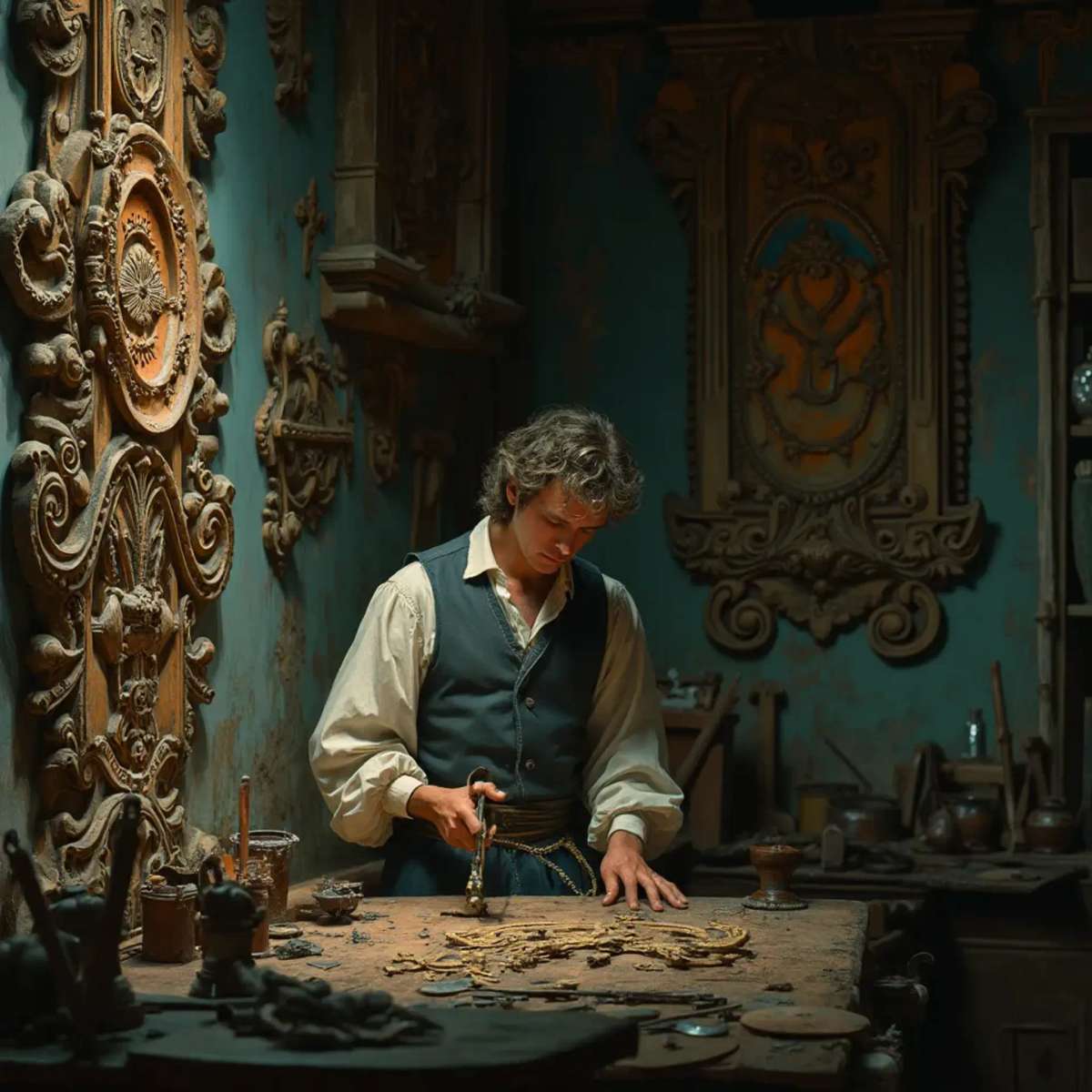 WOODCARVING LESSONS: Woodcarver Grabovetskiy, a man with a beard, holds a sign that says "What wood is the best for carving?" He looks thoughtful. Carving tools are on the table in front of him. - Wood Carving tutorials