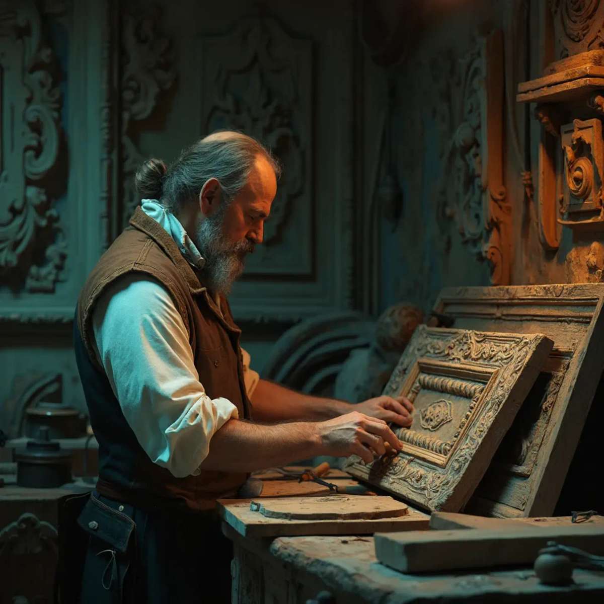 WOODCARVING LESSONS: Woodcarver Grabovetskiy, a man with a beard, holds a sign that says "What wood is the best for carving?" He looks thoughtful. Carving tools are on the table in front of him. - Wood Carving tutorials