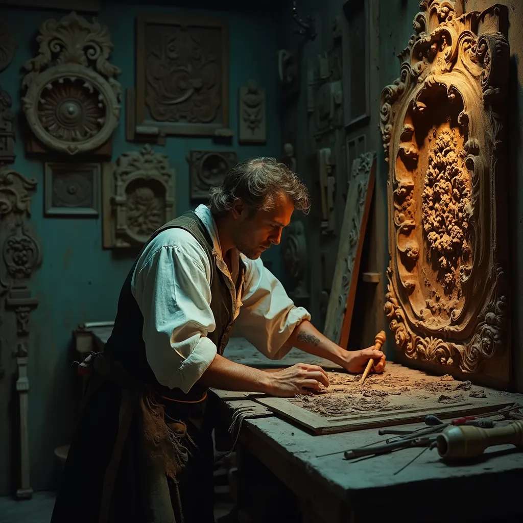 WOODCARVING LESSONS: Woodcarver Grabovetskiy, a man with a beard, holds a sign that says "What wood is the best for carving?" He looks thoughtful. Carving tools are on the table in front of him. - Wood Carving tutorials
