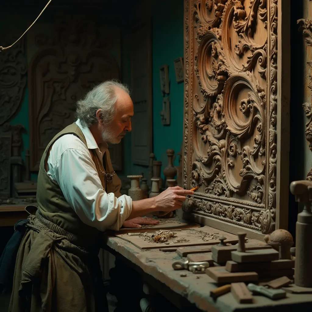 WOODCARVING LESSONS: Woodcarver Grabovetskiy, a man with a beard, holds a sign that says "What wood is the best for carving?" He looks thoughtful. Carving tools are on the table in front of him. - Wood Carving tutorials