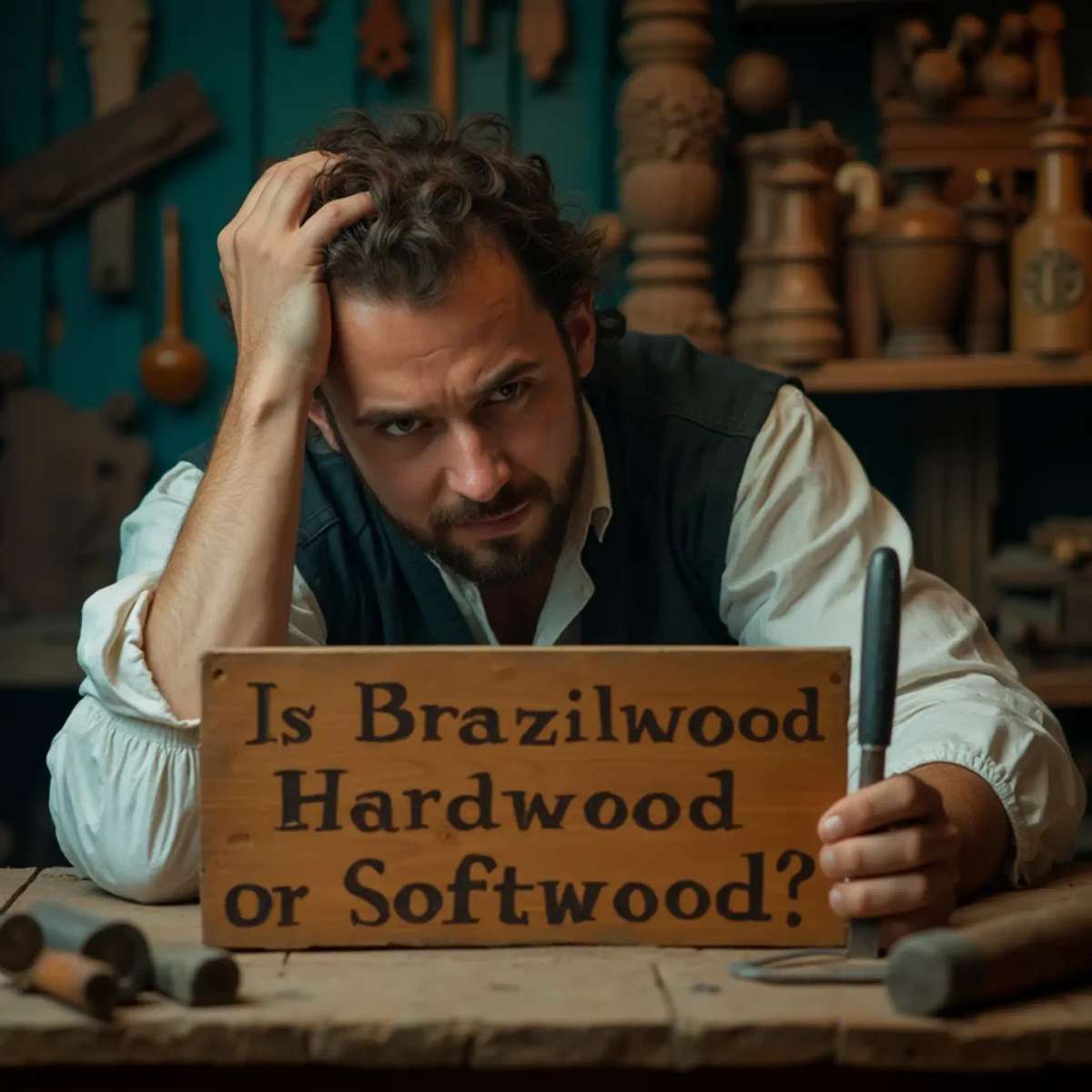 WOODCARVING LESSONS: Woodcarver Grabovetskiy, a man with a beard, holds a sign that says "What wood is the best for carving?" He looks thoughtful. Carving tools are on the table in front of him. - Wood Carving tutorials