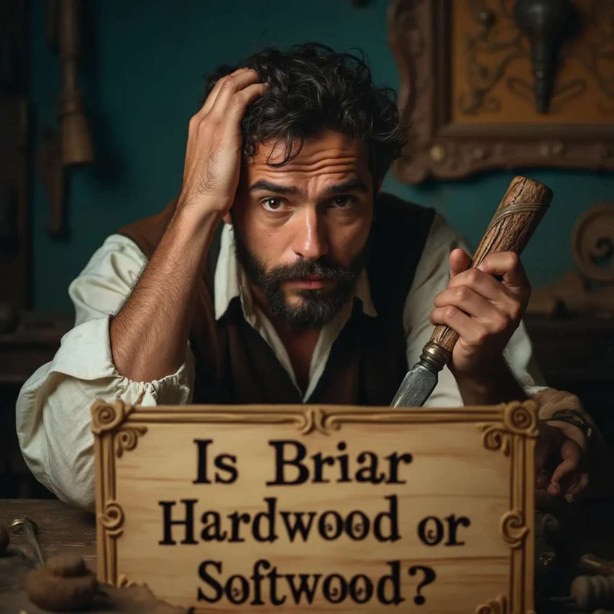 WOODCARVING LESSONS: Woodcarver Grabovetskiy, a man with a beard, holds a sign that says "What wood is the best for carving?" He looks thoughtful. Carving tools are on the table in front of him. - Wood Carving tutorials