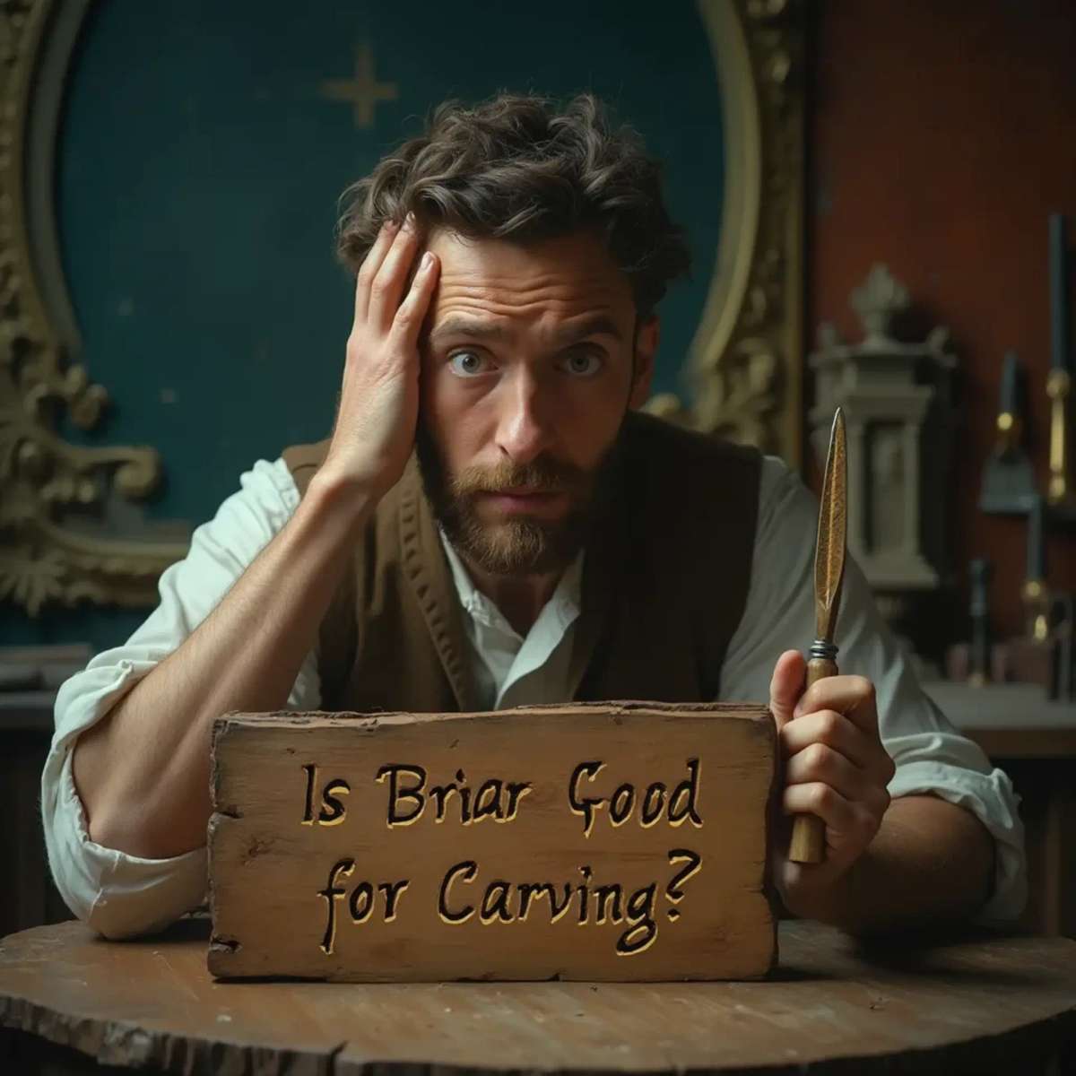 WOODCARVING LESSONS: Woodcarver Grabovetskiy, a man with a beard, holds a sign that says "What wood is the best for carving?" He looks thoughtful. Carving tools are on the table in front of him. - Wood Carving tutorials