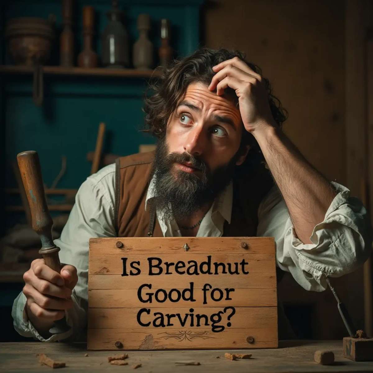 WOODCARVING LESSONS: Woodcarver Grabovetskiy, a man with a beard, holds a sign that says "What wood is the best for carving?" He looks thoughtful. Carving tools are on the table in front of him. - Wood Carving tutorials