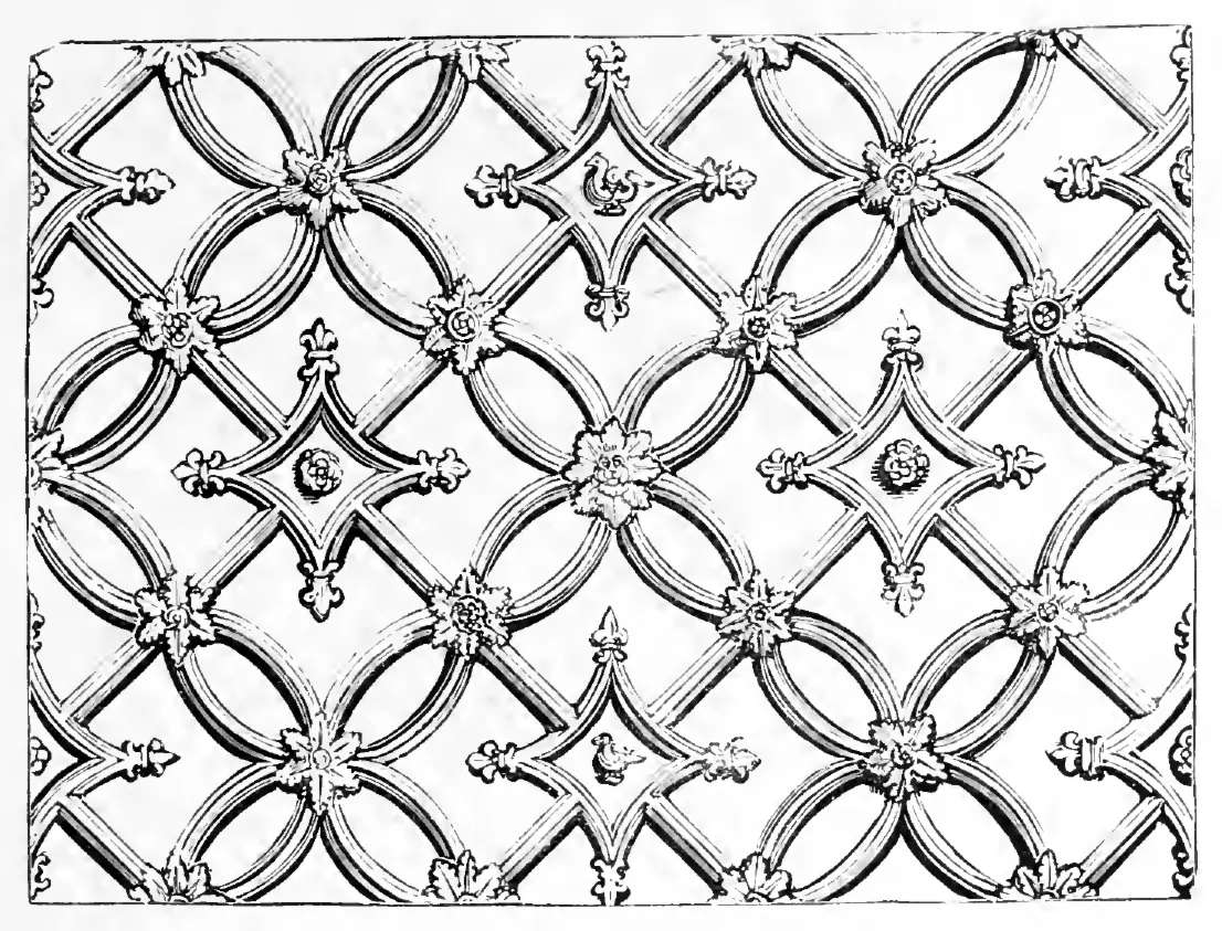 Elizabethan strapwork lattice, showing the flat planes Wornum contrasts with Louis Quatorze