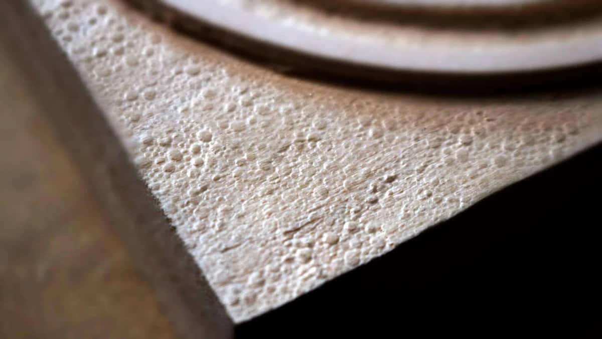 Punched bubbly ground behind a carved rosette, seen close up in raking light