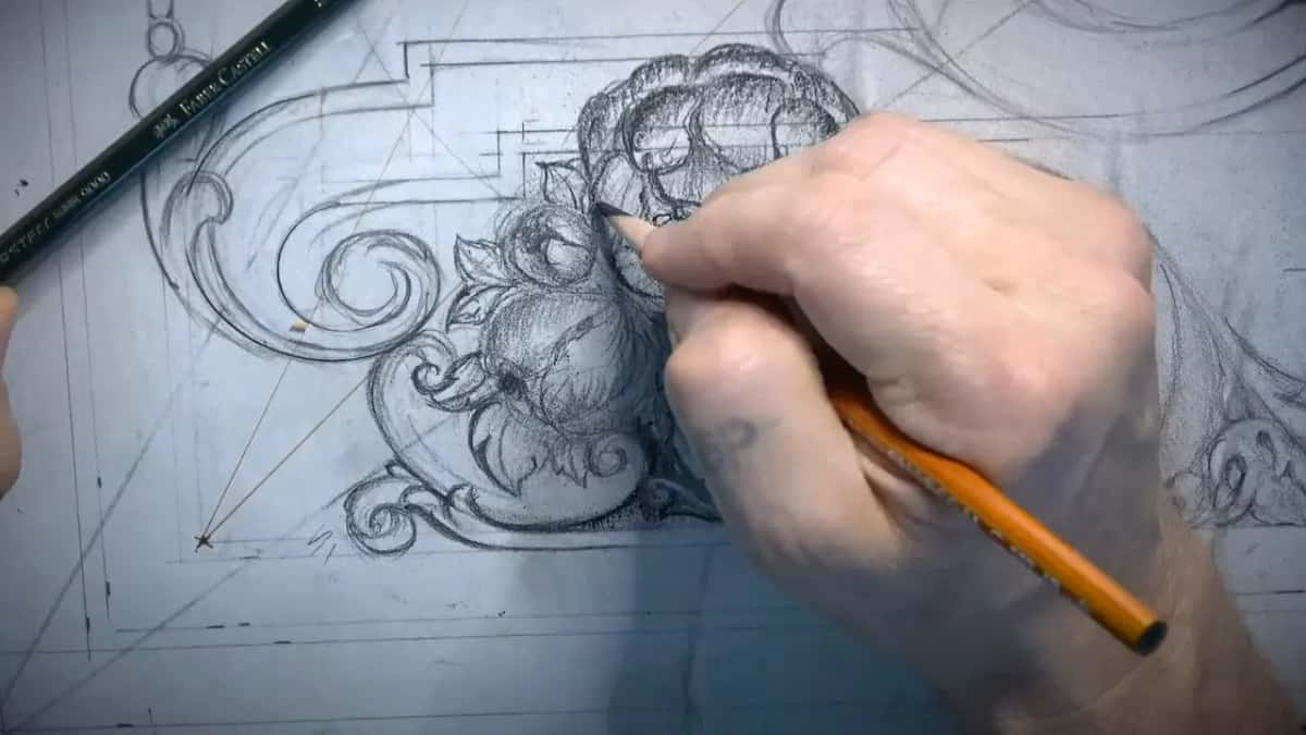 A soft 8B pencil over the drawing, its point worn flat from redrawing the same leaf again and again