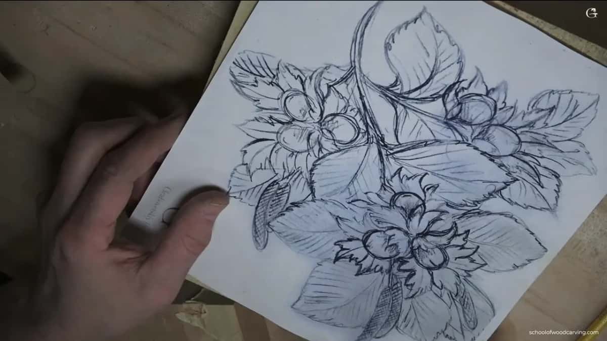 A hand holding the pencil drawing of hazelnuts that the carving in the round is worked from
