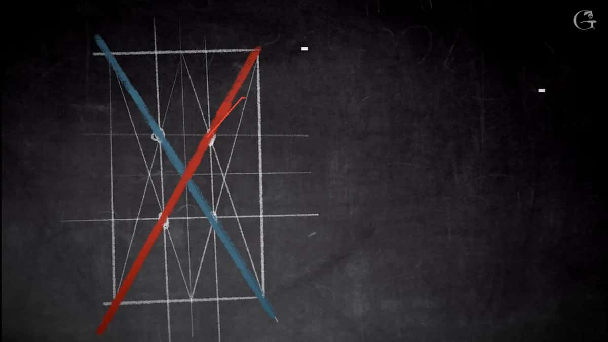 The two diagonals of a carved panel One red diagonal climbing and one blue falling, crossing a white grid drawn on a dark board