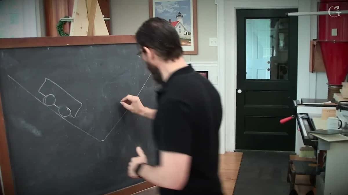 Reading direction on the chalkboard Alexander at a shop chalkboard sketching a long shape on a sloped line, chalk raised in his hand