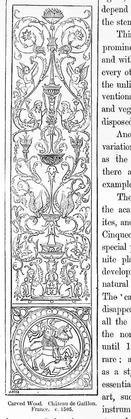 Carved wood panel from the Chateau de Gaillon, France, about 1505, with the acanthus stem thick at the root and thinning toward the tail